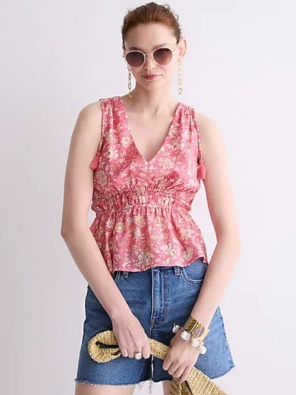 J Crew Top Womens Lg Pink White V-Neck Cotton Voile in Tossed Floral Blouse - Picture 2 of 13